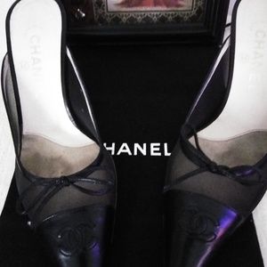 Chanel Black Leather Kitten Heel Slides